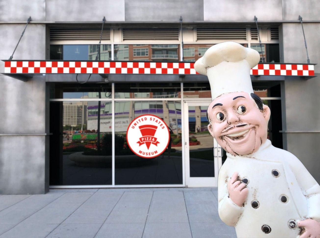 Vintage Mr. Tony toy outside an artist’s rendering of the soon to be opened U.S. Pizza Museum at Roosevelt Collection