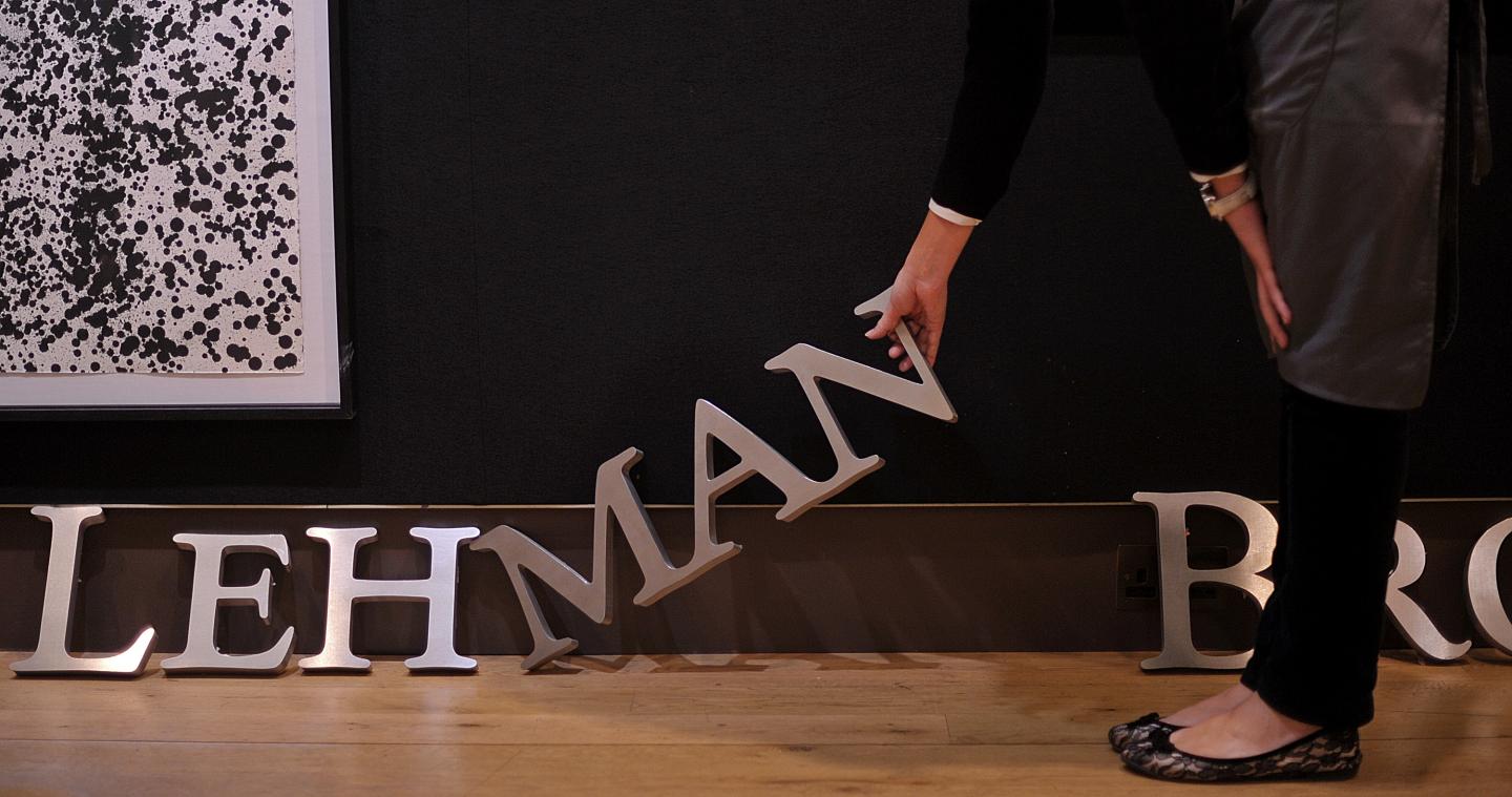 Part of a Lehman Brothers company sign at Christie's auction house in London on September 24, 2010.