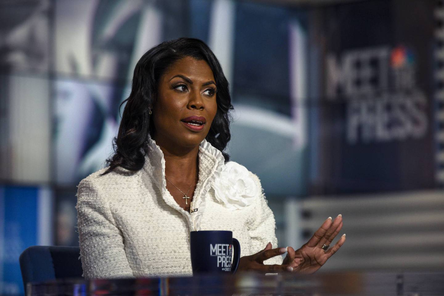 Former White House aide Omarosa Manigault Newman looks skeptical as she appears on 'Meet the Press'