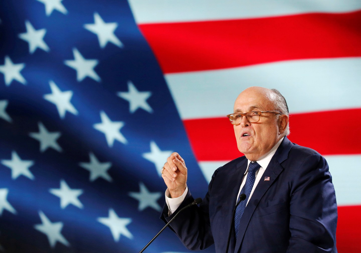 Rudy Giuliani, former Mayor of New York City, delivers his speech as he attends the National Council of Resistance of Iran (NCRI), meeting in Villepinte