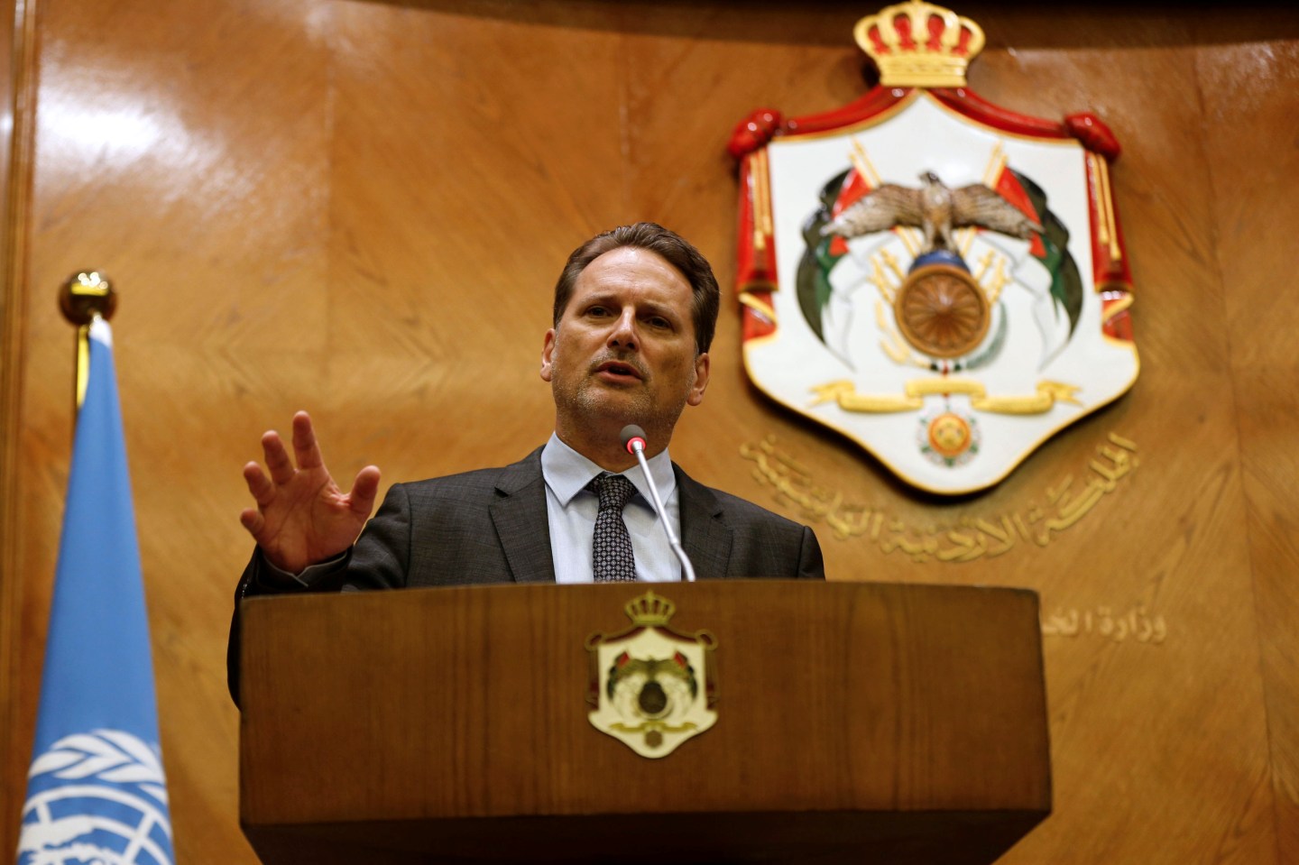 UNRWA Commissioner-General Pierre Kraehenbuehl speaks during a news conference with Jordanian Foreign Minister Ayman Safadi in Amman