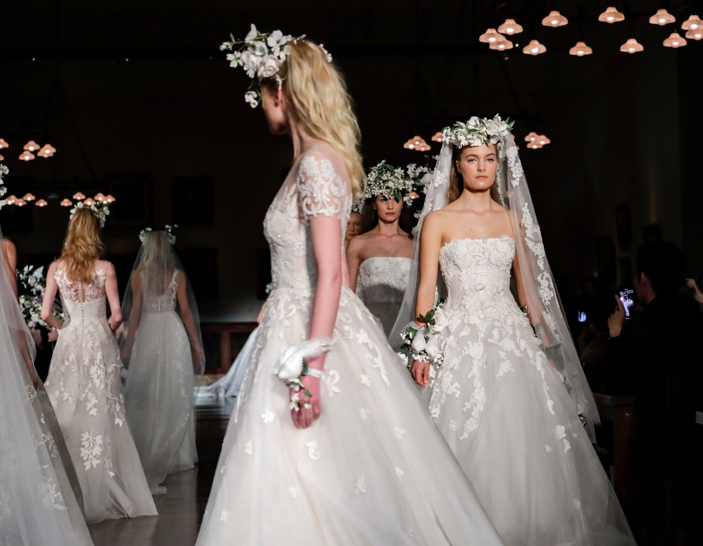 Models walk runway for Reem Acra Bridal Spring/Summer 2019