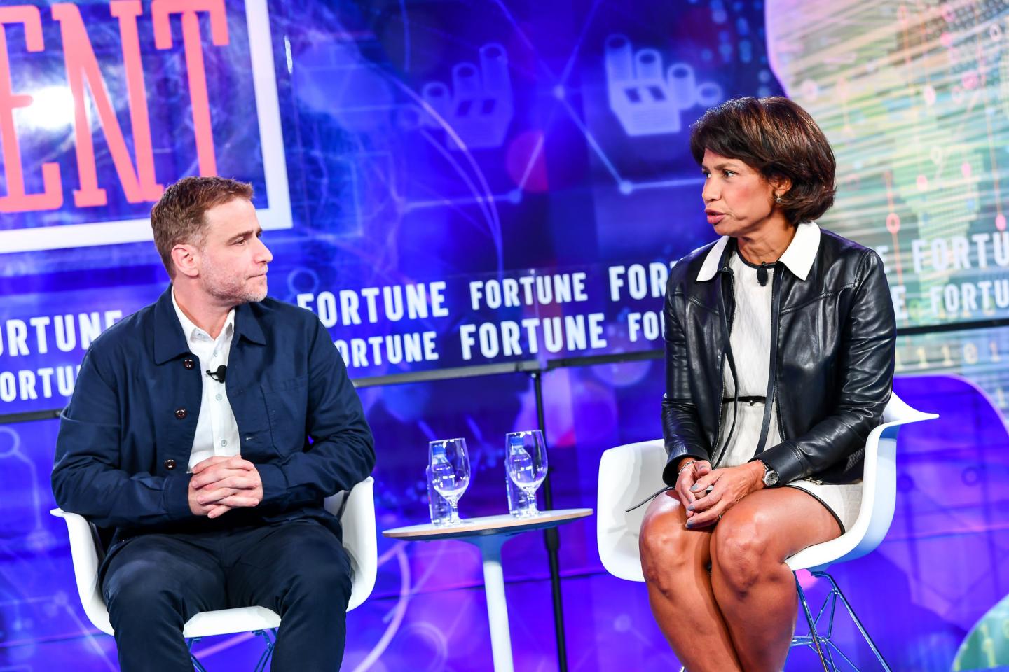 Stewart Butterfield, co-founder and CEO of Slack, and Edith Cooper, former global head of human capital management at Goldman Sachs, at the Fortune Brainstorm Reinvent conference in Chicago on Sept. 24, 2018.