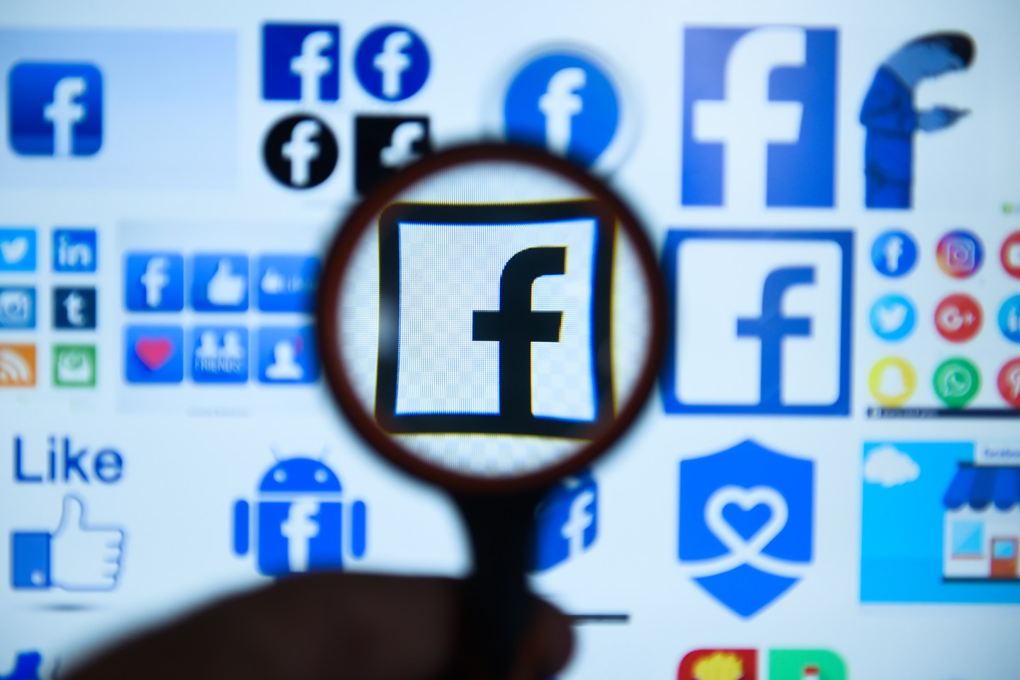 Facebook  logo is seen trough a magnifying glass on a