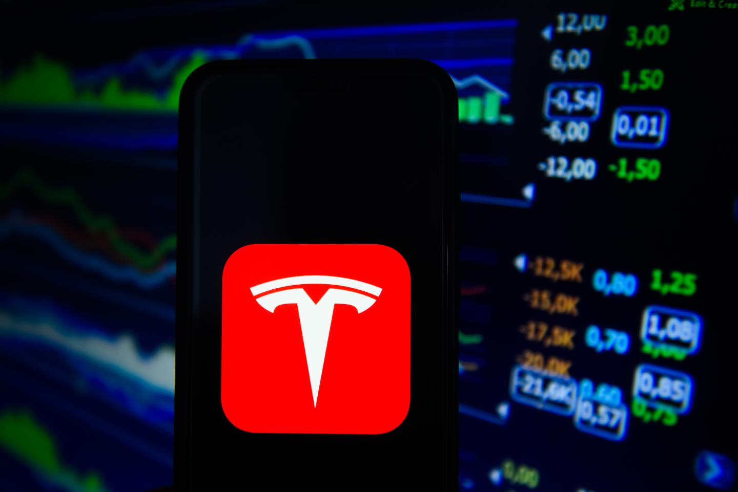 Tesla Inc logo is seen on an android mobile phone