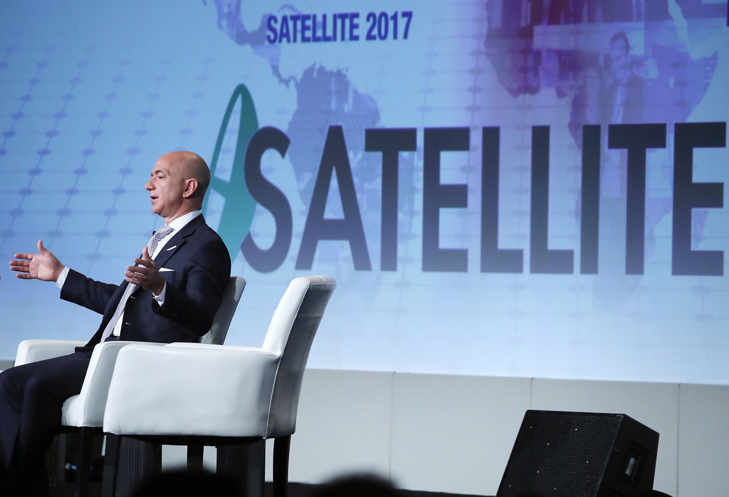 Amazon CEO And Founder Of Blue Origin Jeff Bezos Speaks At Satellite Industry Conference