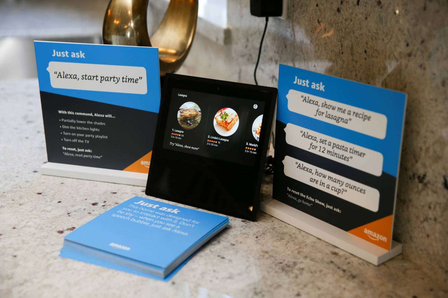 Recipes for Lasagna are seen on an Amazon Echo Show in an Amazon experience center  in Vallejo