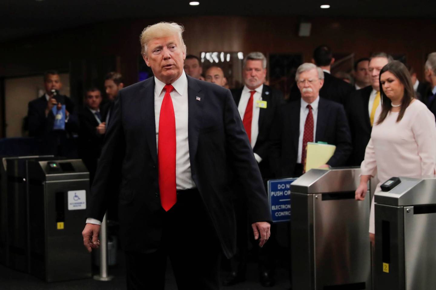 U.S. President Donald Trump speaks to reporters at United Nations headquarters during the 73rd United Nations General Assembly in New York