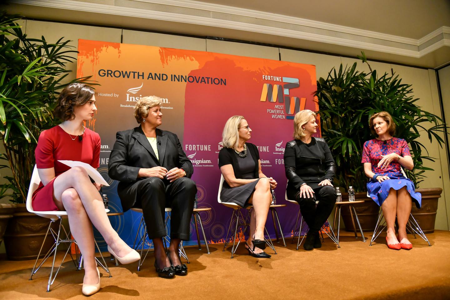 Left to right: Beth Kowitt of Fortune, Gail Boudreaux of Anthem, Michele Buck of the Hershey Co., Terri Kallsen of Charles Schwab & Co., and Deanna Mulligan of the Guardian Life Insurance Co. at the 2018 Fortune Most Powerful Women Summit in Laguna Niguel, Calif.