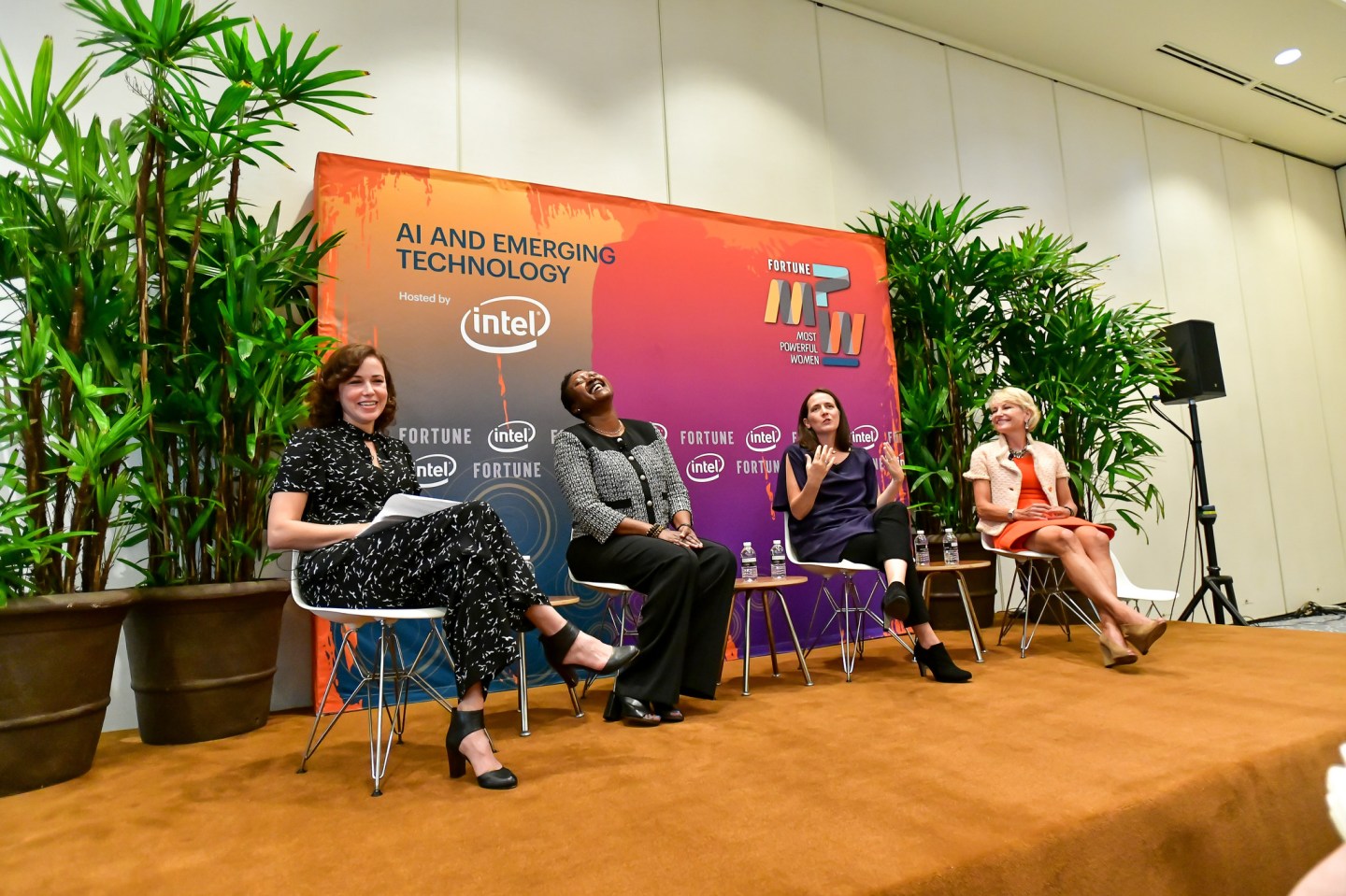 Michal Lev-Ram of Fortune, Aicha Evans of Intel, Toni Reid of Amazon, and Bridget van Kralingen of IBM at the 2018 Fortune Most Powerful Women Summit in Laguna Niguel, Calif.
