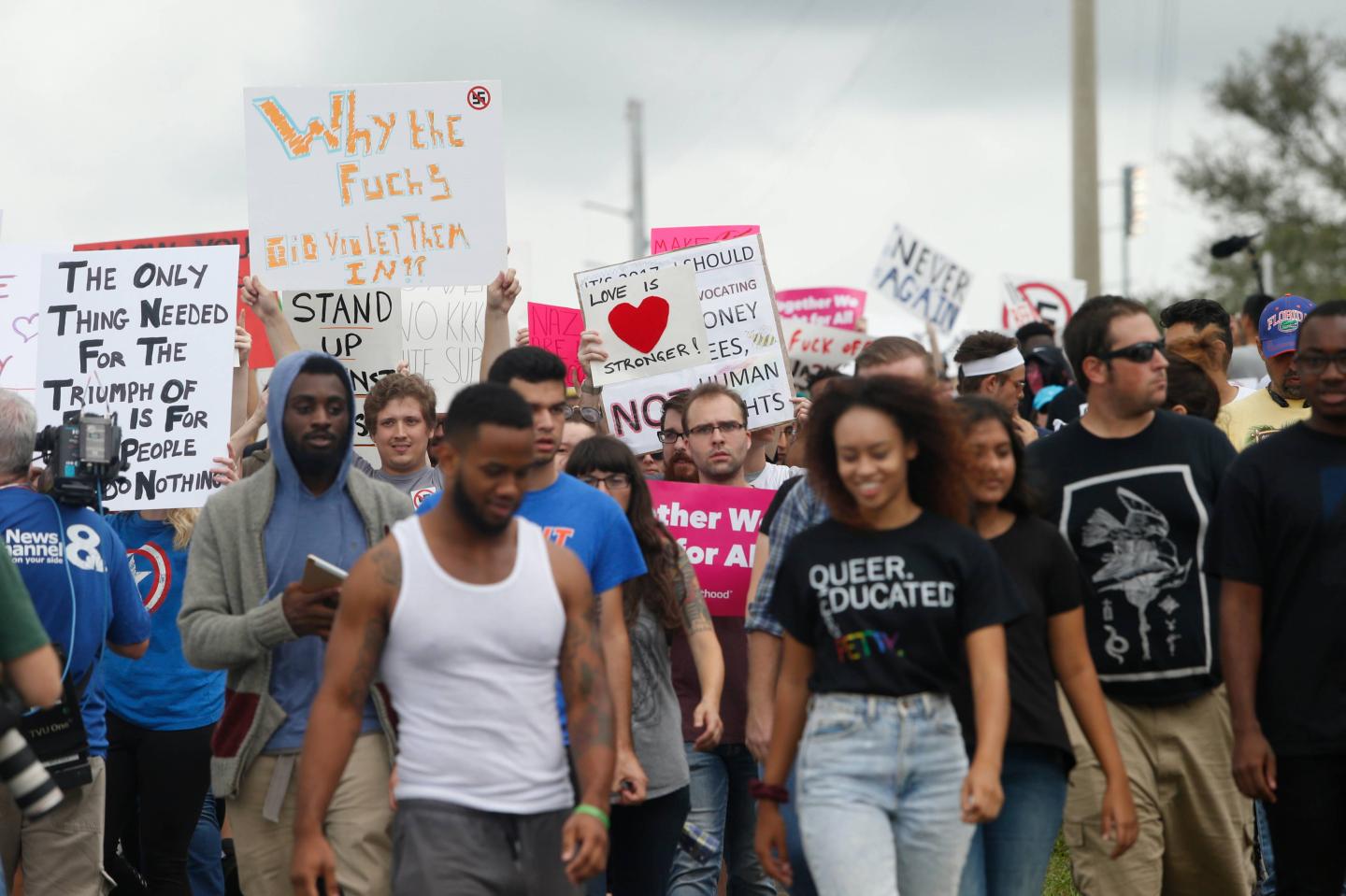 Demonstrators gather at the site of a planned speech by white nationalist Richard Spencer at the University of Florida campus on Oct. 19, 2017.