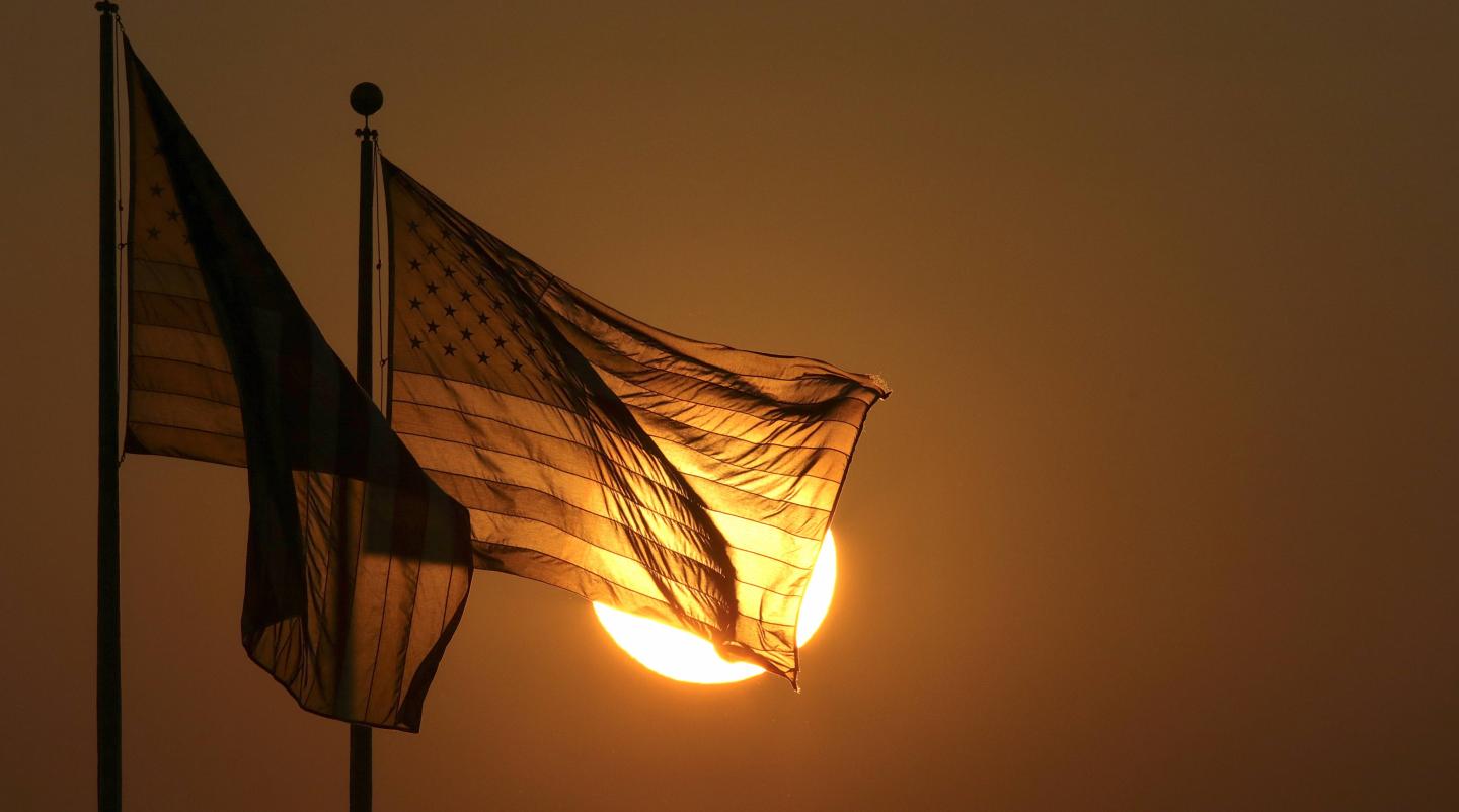 USA Flags at Sunset