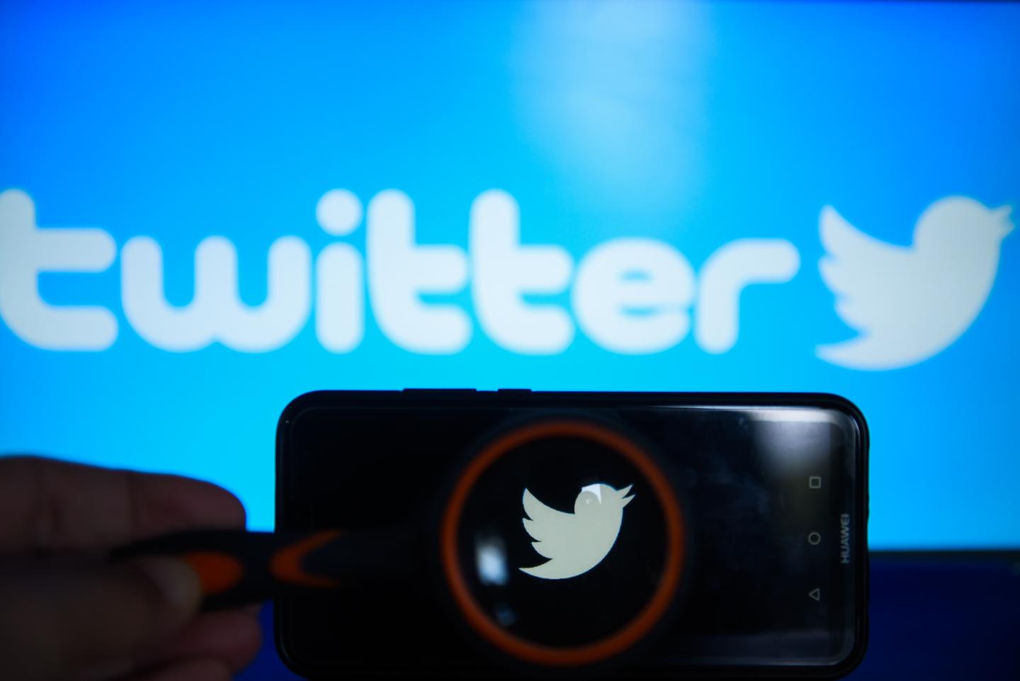 Twitter  logo is seen trough a magnifying glass on an