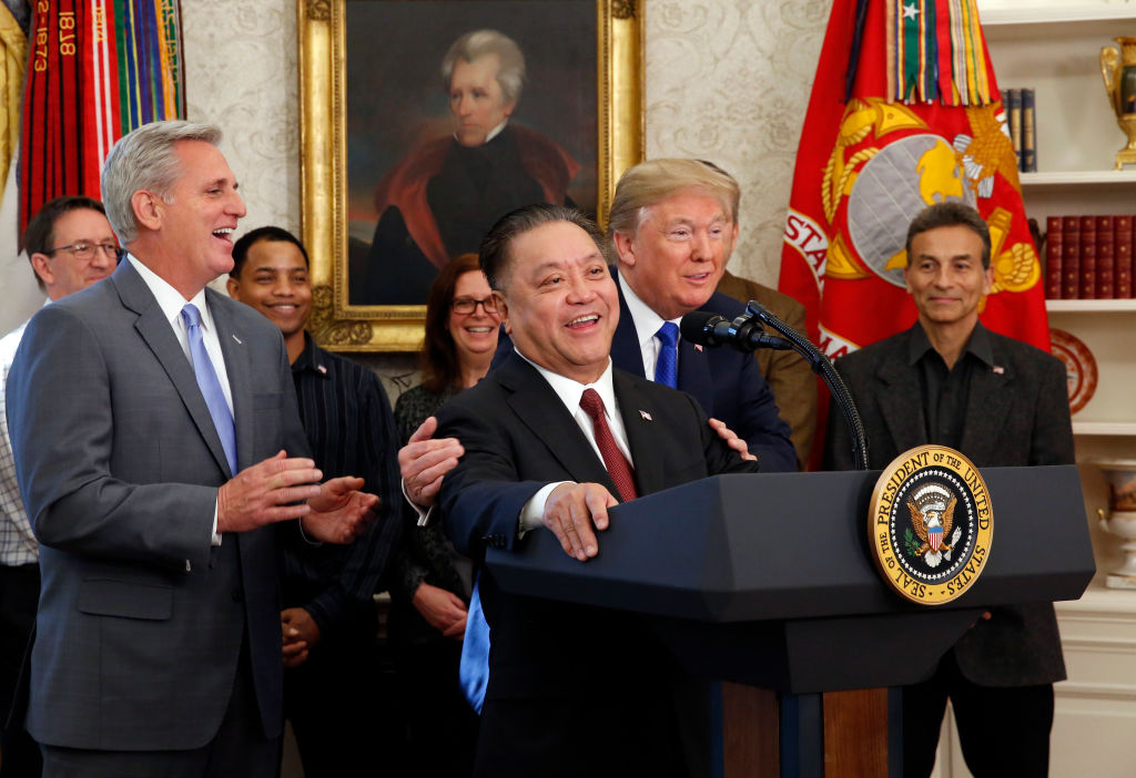 Broadcom CEO Hock Tan spoke alongside President Donald Trump as Tan announces the repatriation of his company's headquarters to the U.S. from Singapore. (Photo by Martin H. Simon - Pool/Getty Images)