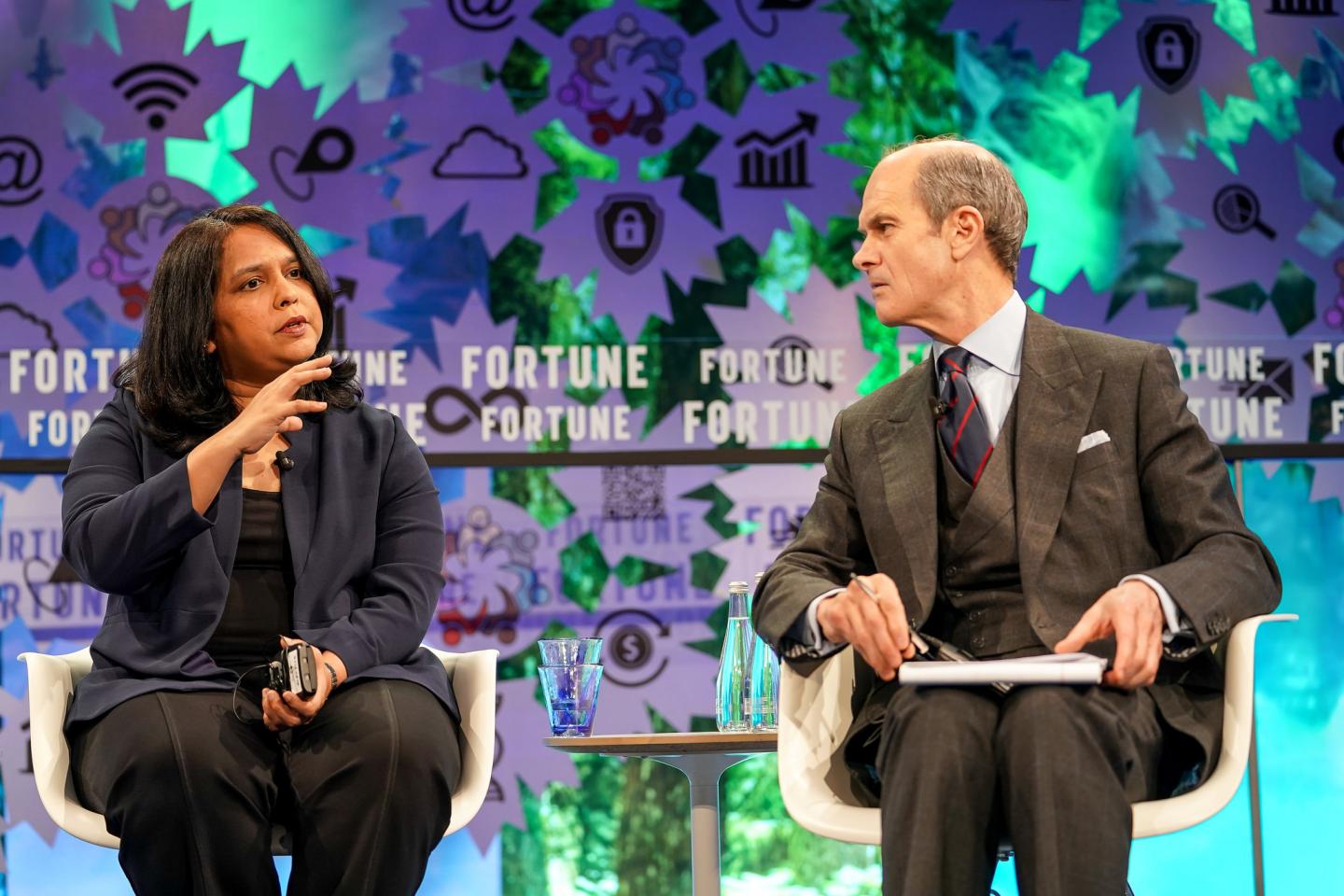 McKinsey's Anu Madgavkar (left) and Fortune's Geoff Calvin speak on stage at Fortune's Global Forum in Toronto.