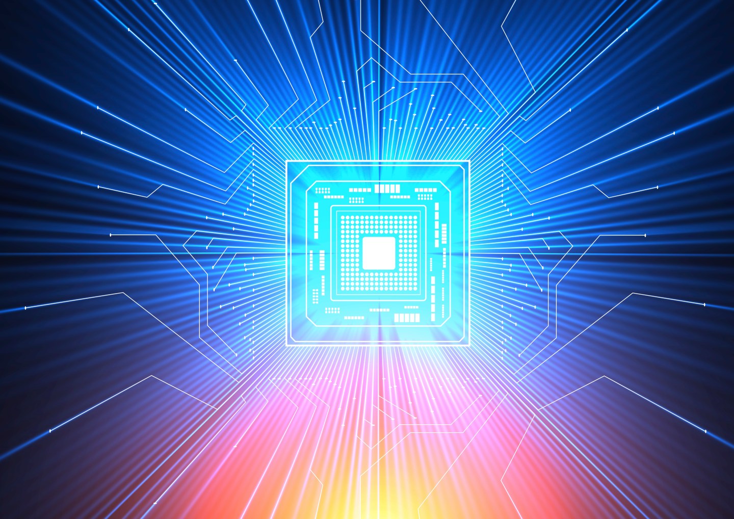 Conceptual artwork of electronic circuitry with blue and red light passing through it, representing how data may be controlled and stored in a quantum computer.