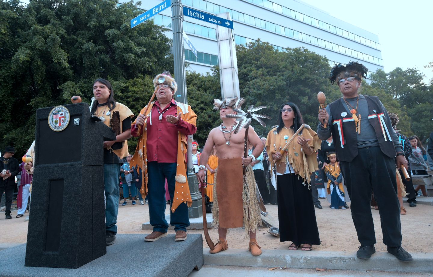 Native Americans from the Gabrielino-Tongva tribes of the Los Angeles basin lead a sunrise ceremony celebrating the first Indigenous People's Day,