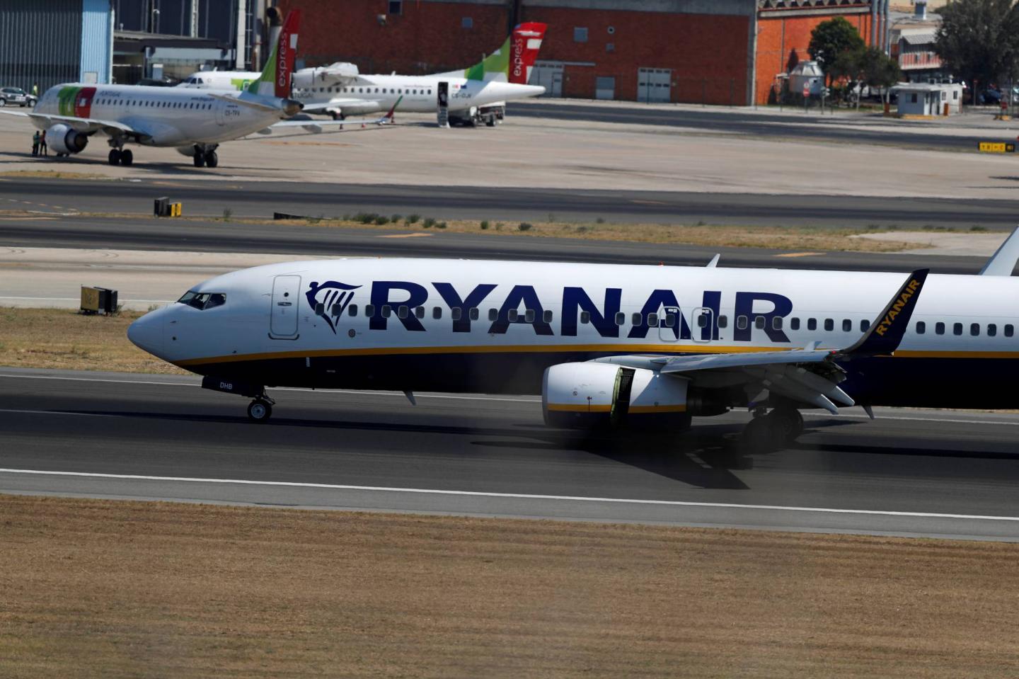 A Ryanair plane taxis at Lisbon's airport