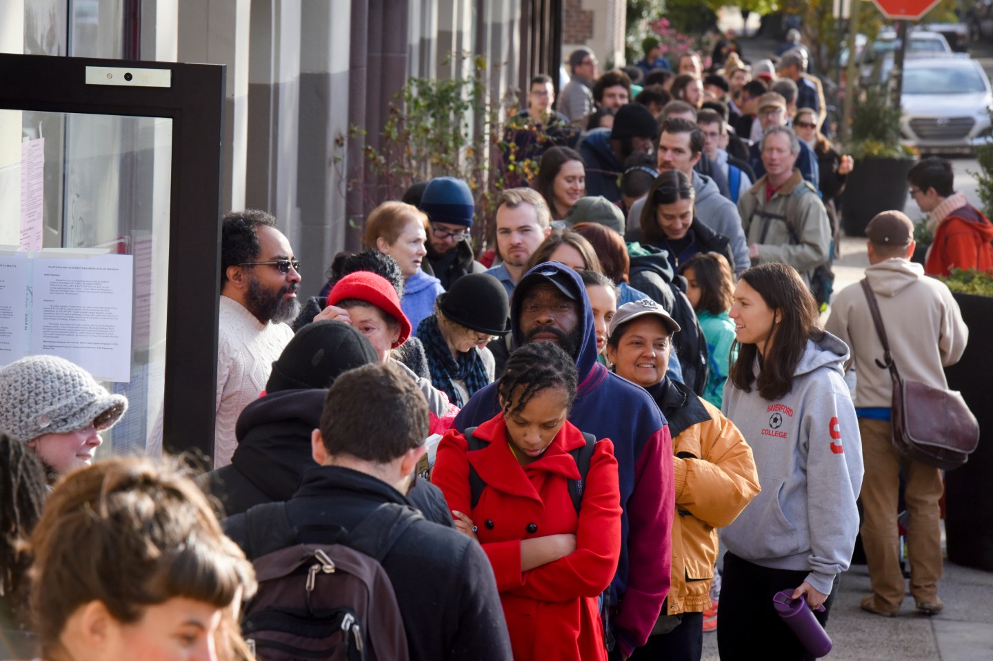 Voters line up outside a polling place to vote in the presidential election on Nov. 8, 2016, in Philadelphia.