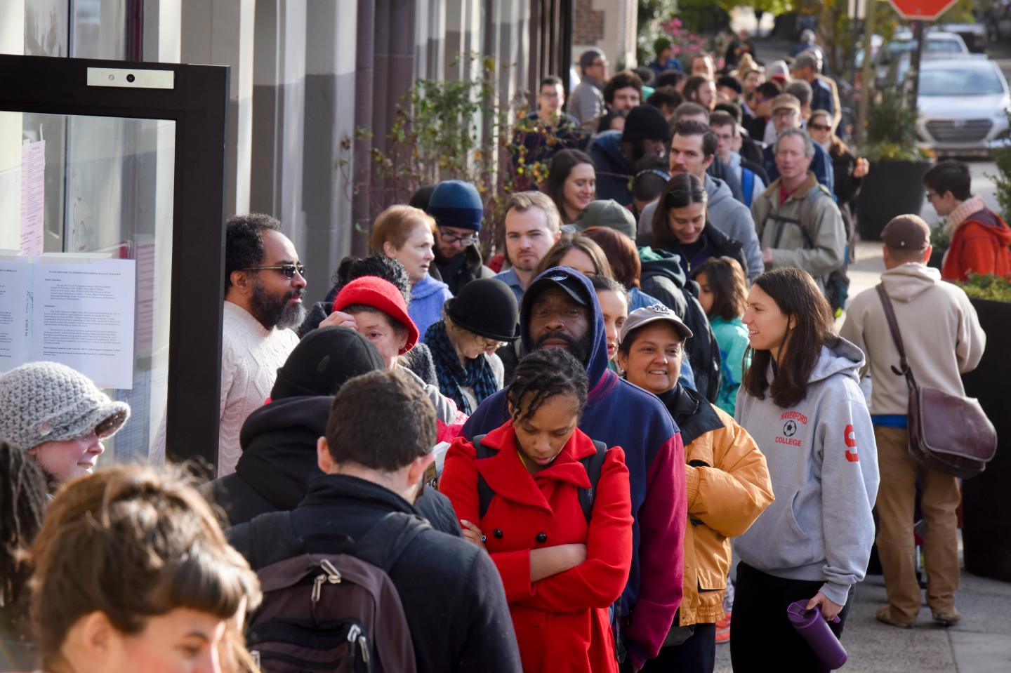Voters line up outside a polling place to vote in the presidential election on Nov. 8, 2016, in Philadelphia.