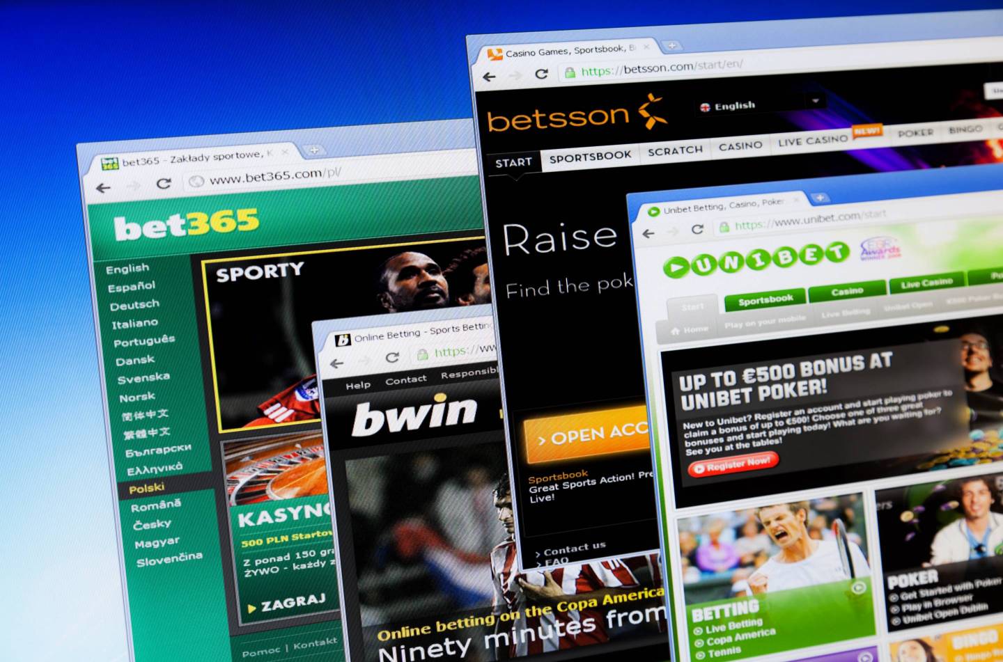 Online sports betting on computer screen. Bet365, Betsson, Bwin, Unibet.