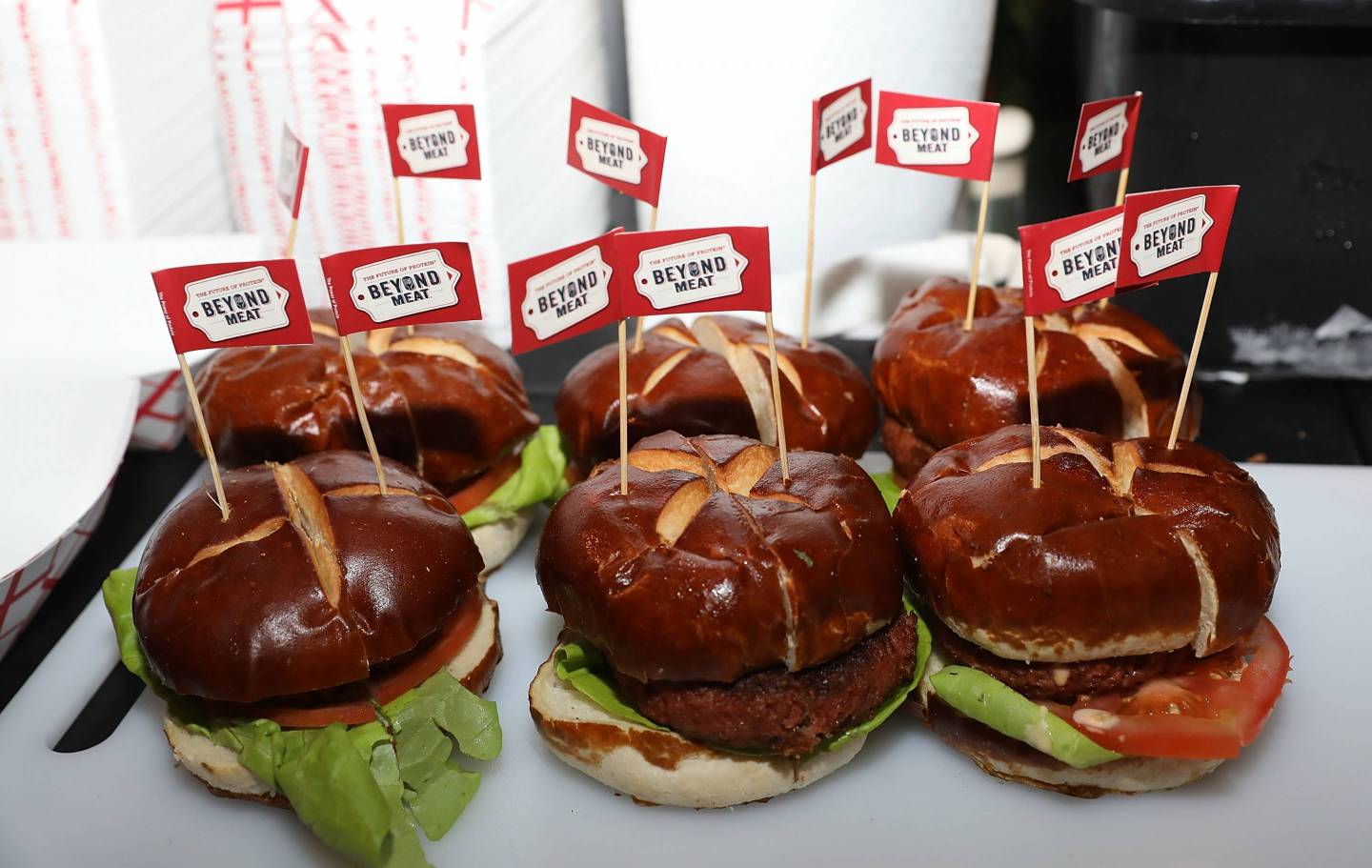 Beyond Meat plant-based burgers are served at the South Beach Wine & Food Festival on Feb. 24, 2017 in Miami Beach, Fla.