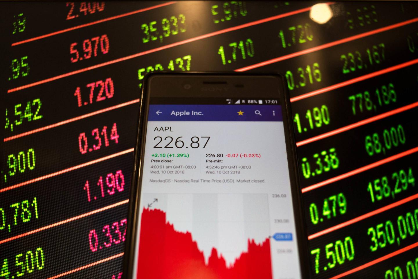 A smartphone displays the Apple, Inc. market value on the