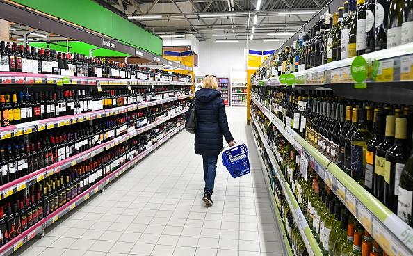 Alcohol beverages and Christmas goods on sale at Lenta hypermarket