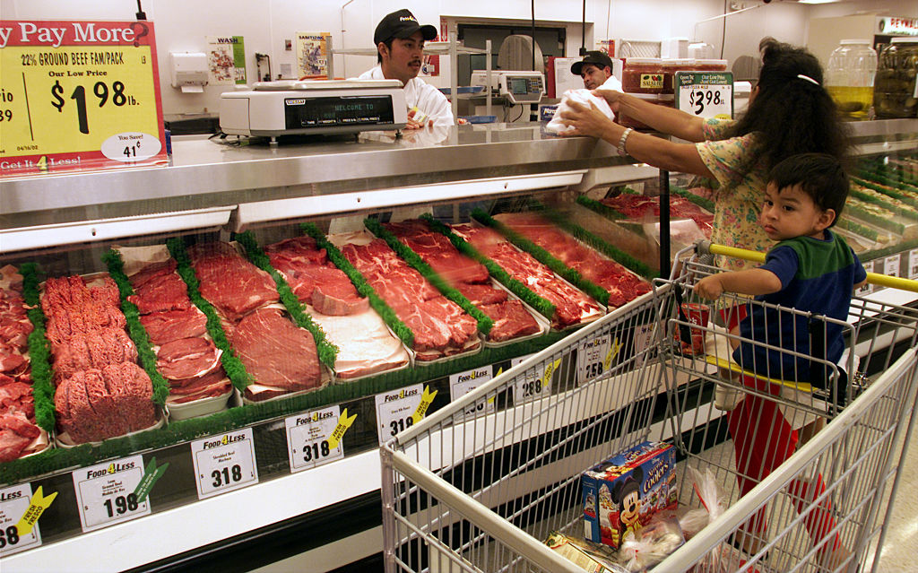 Fresh meat counter at the Food 4 Less market in the Westlake area of Los Angeles.