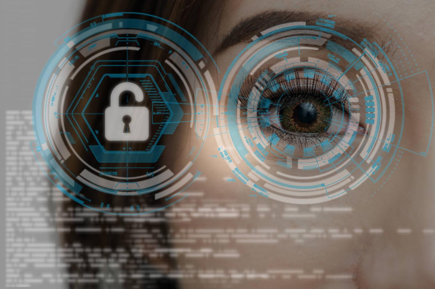 security and command in the accesses. surveillance and sefety concept, Closeup Asian women being futuristic vision for biometric authentication to unlock security, digital technology screen over the eye vision background