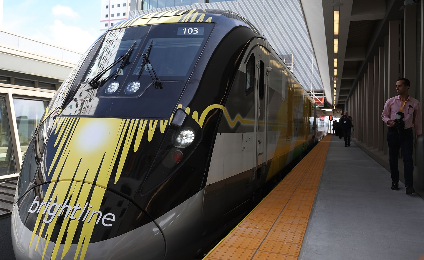 The Brightline train waits at the new MiamiCentral transit terminal on May 11, 2018.