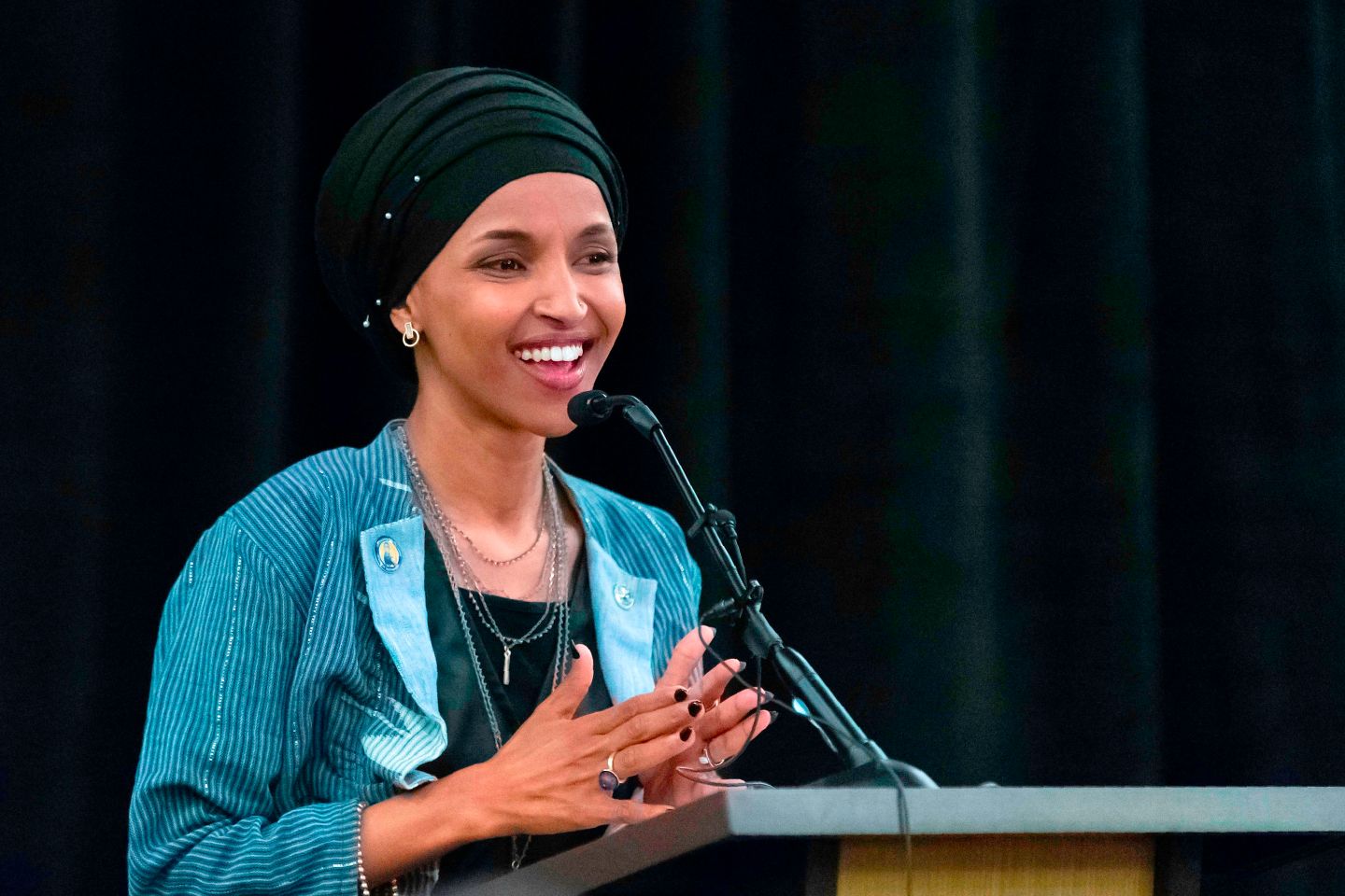 Ilhan Omar, newly elected to the U.S. House of Representatives on the Democratic ticket, speaks to a group of supporters in Minneapolis, Minnesota on November 6, 2018.