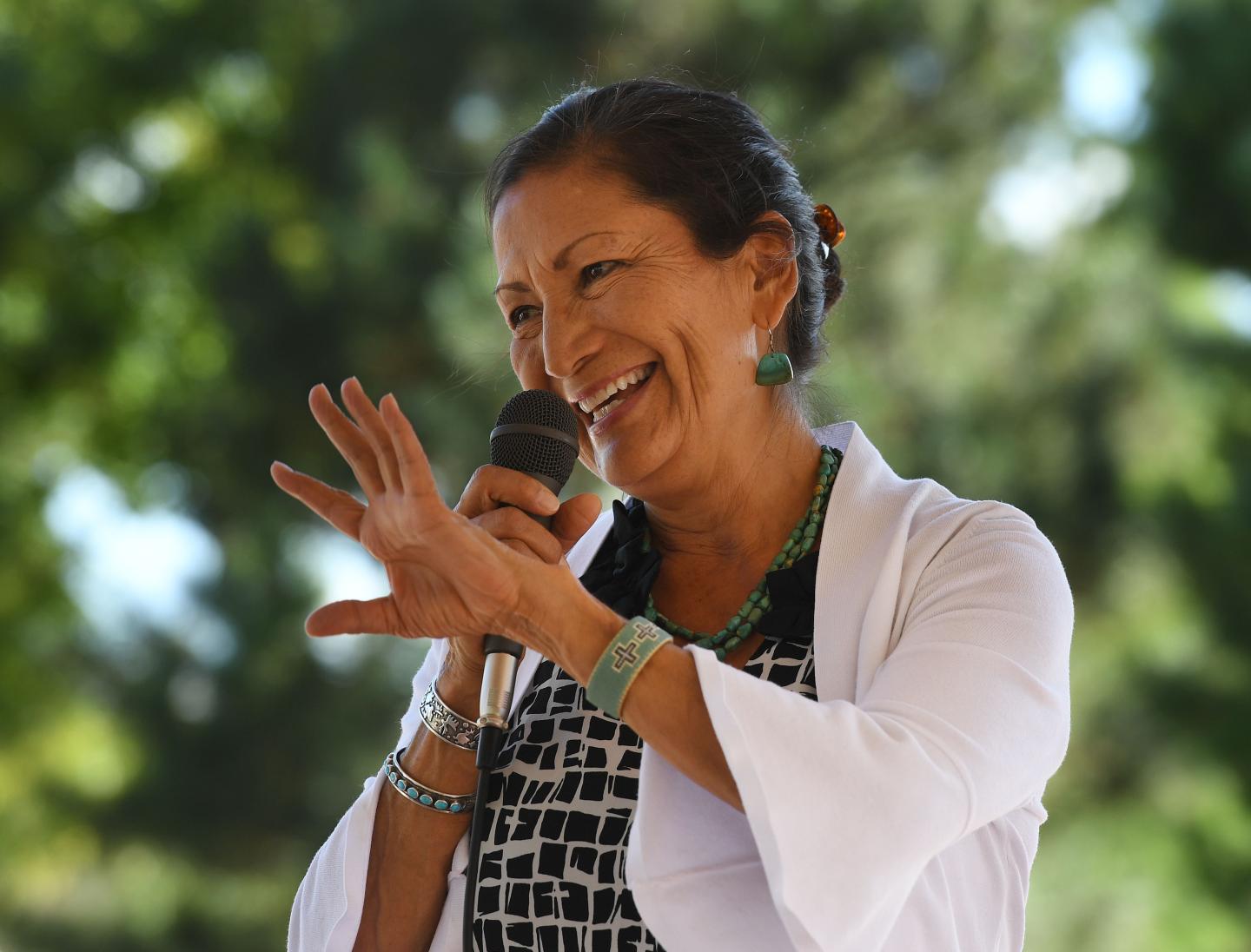 Deb Haaland, the first Native American woman elected to Congress, speaks on the campaign trail