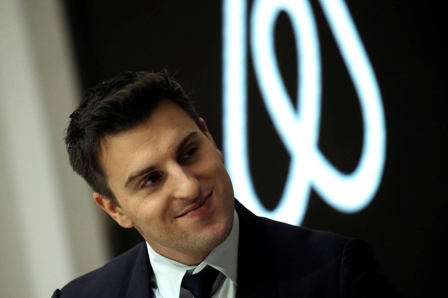 Brian Chesky, CEO and Co-founder of Airbnb, listens to a question as he speaks to the Economic Club of New York at a luncheon at the New York Stock Exchange (NYSE) in New York