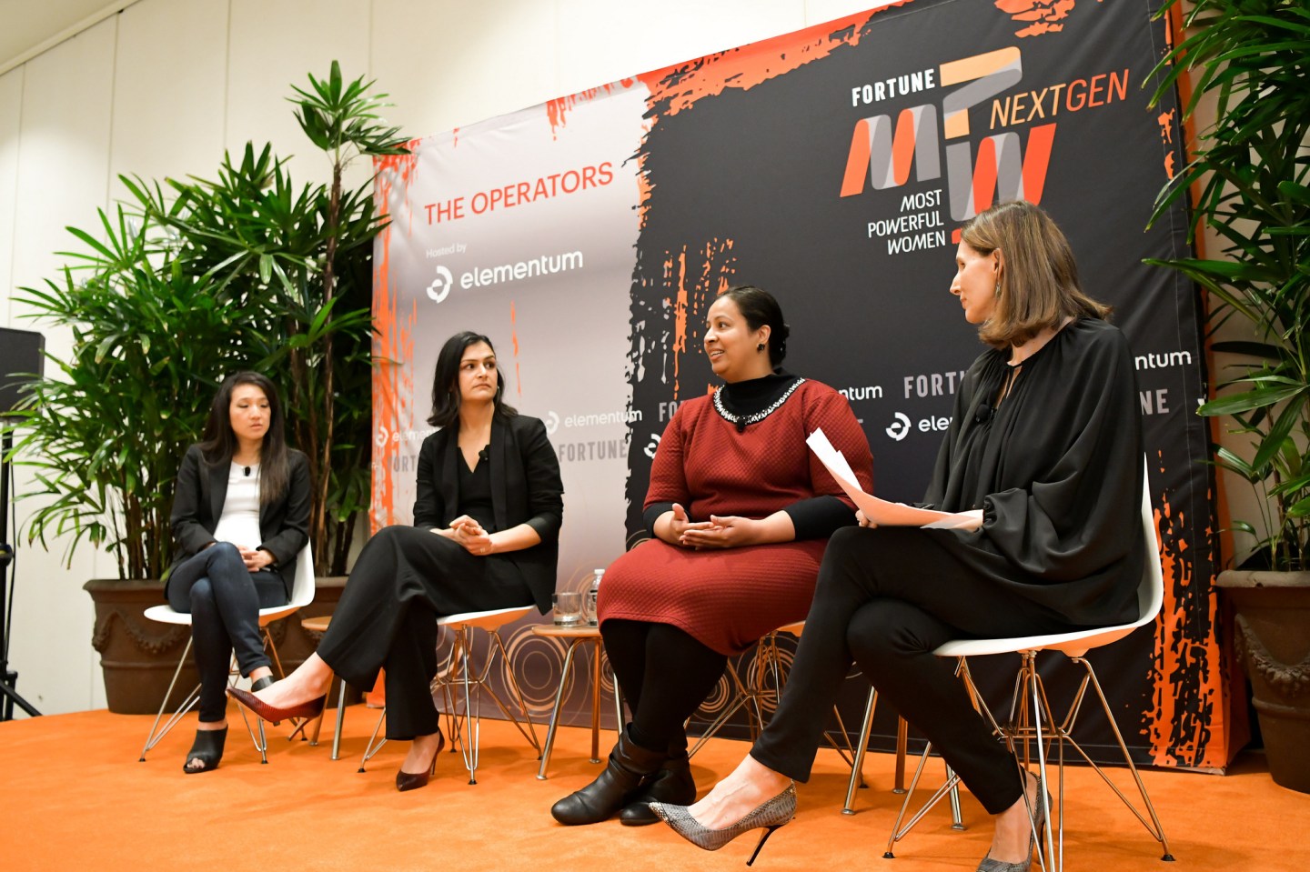 Alda Leu Dennis of Initialized Capital, Sima Sistani of Houseparty, and Deeptha Khanna of Johnson & Johnson with Coins2Day's Leigh Gallagher at the 2018 Most Powerful Women Next Gen summit in Laguna Niguel, Calif.