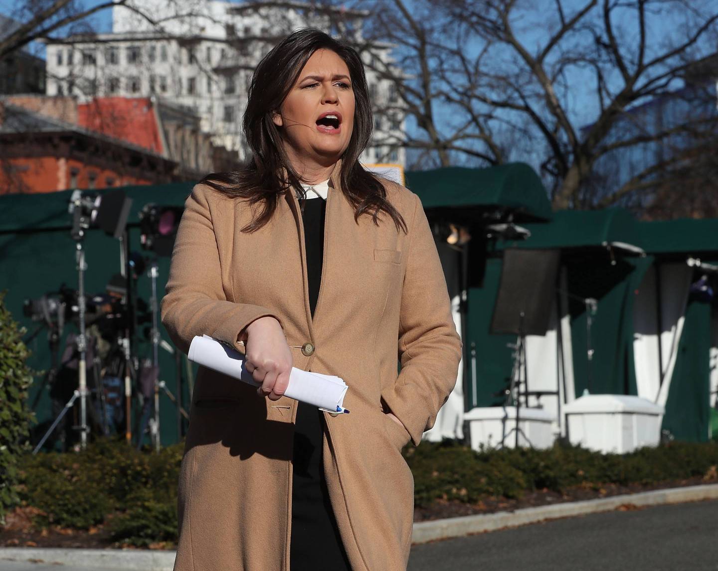 Press Secretary Sarah Sanders Addresses Media In White House Driveway