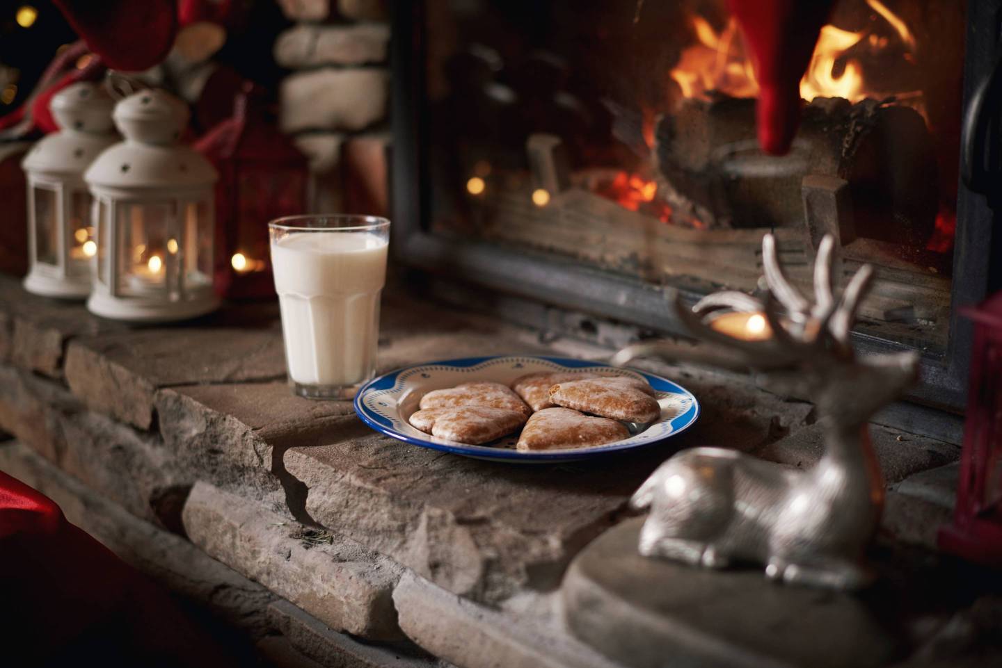 Cookies and milk, for Santa, left beside fireplace