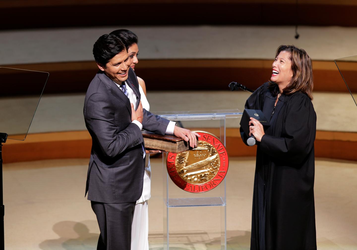 LOS ANGELES, CA - OCTOBER 15, 2014:  State Sen. Kevin de Leon of Los Angeles shares a light hearted