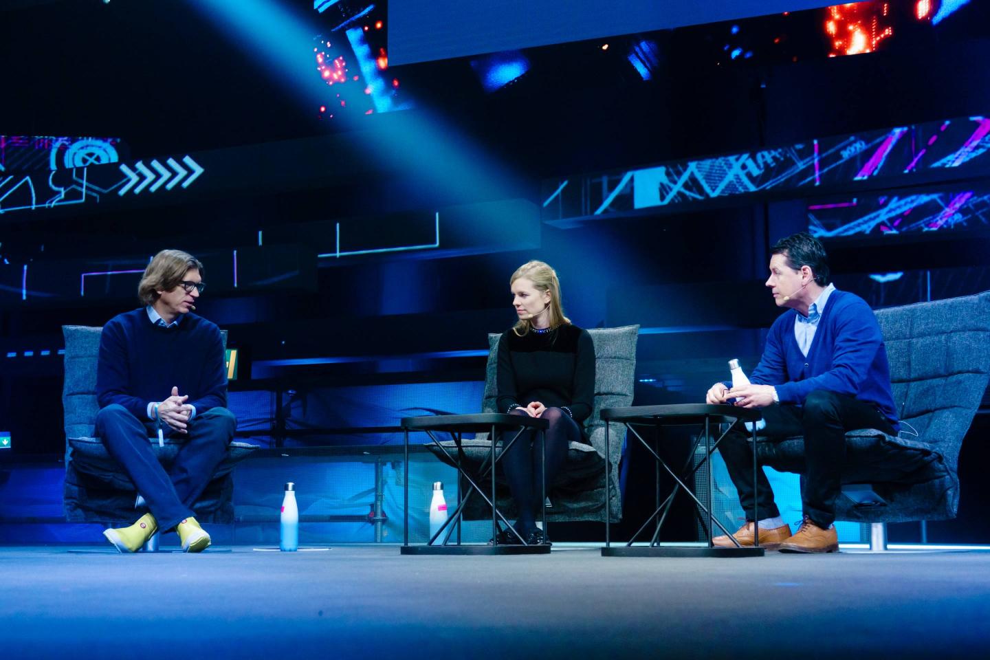 Atomico's Niklas Zennström (left) and Diversity VC's Check Warner (center) discuss the issue of diversity in the European tech industry on stage at the Slush conference in Helsinki, along with Greg Williams (right), editor-in-chief of Wired UK.