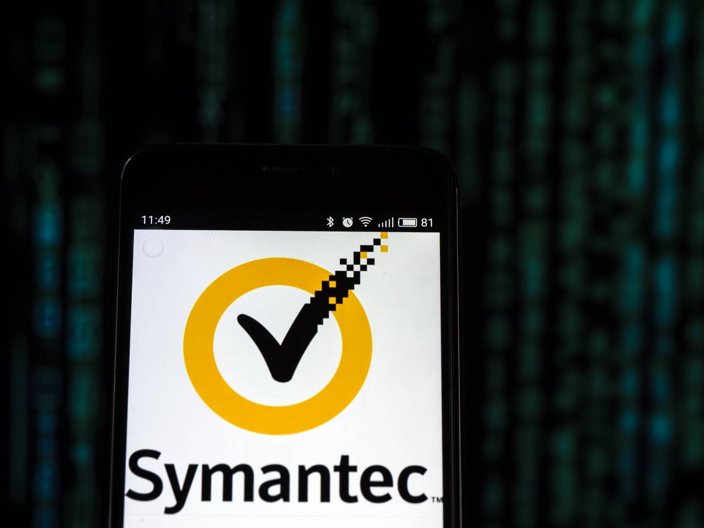 Symantec Corporation logo seen displayed on smart phone.