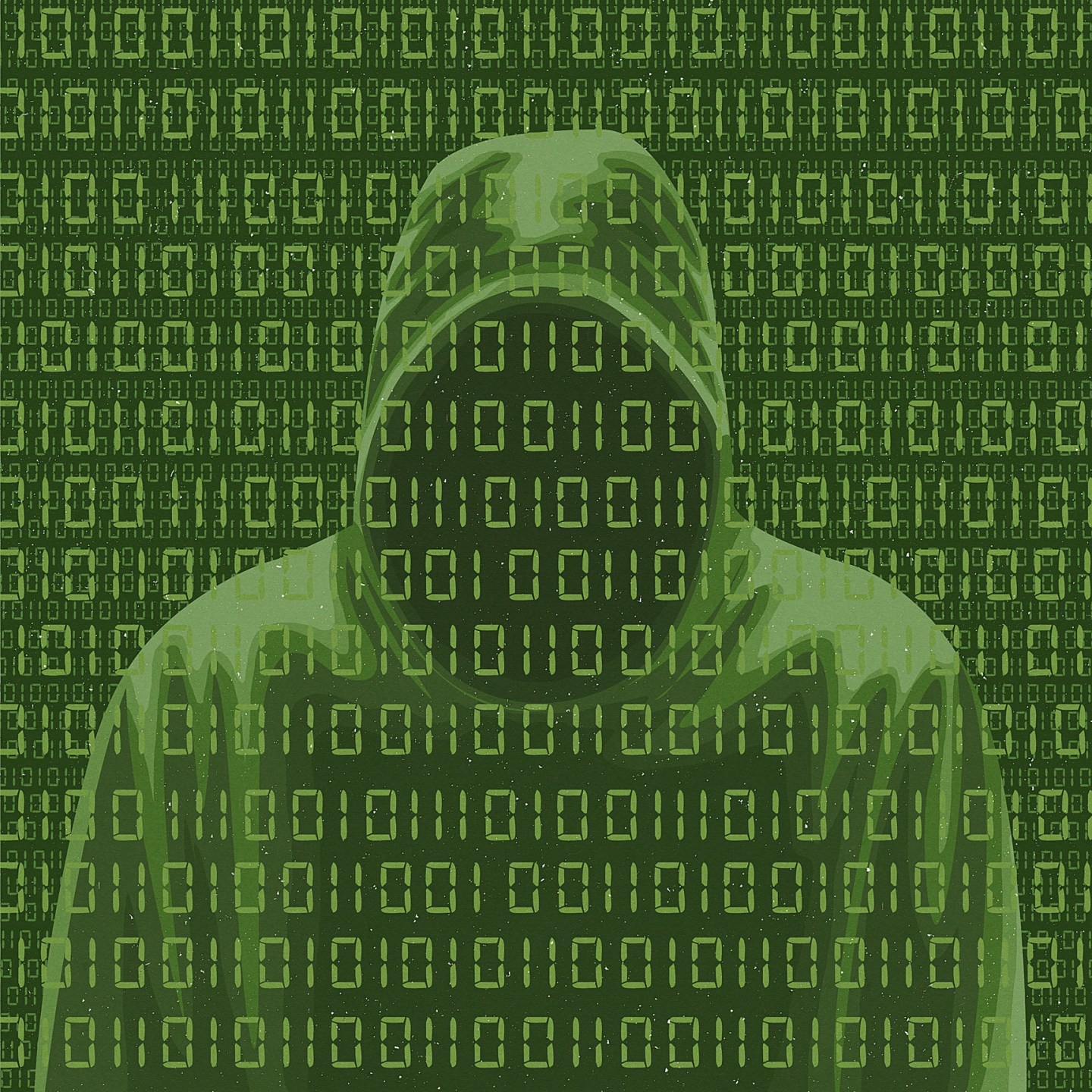 Faceless man in hoodie and computer binary code