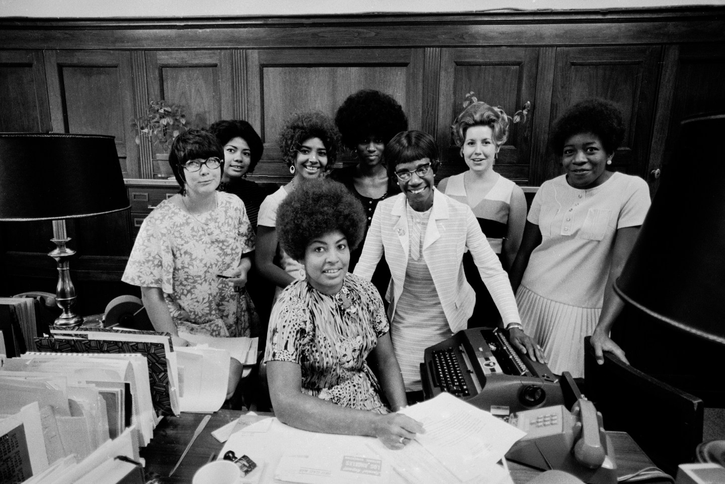 Congresswoman Shirley Chisholm (C, w. glasses) and her staff, 1970