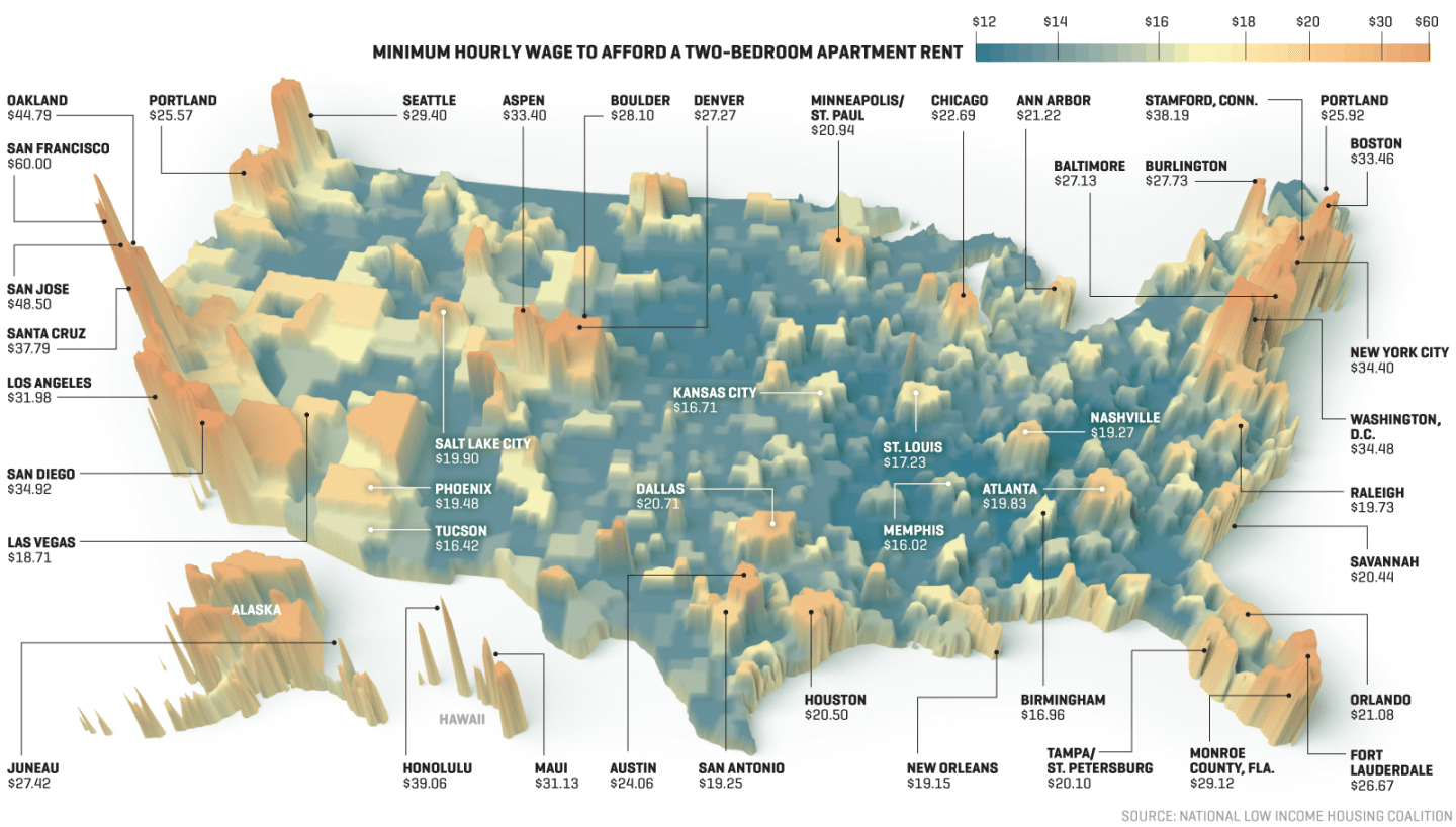 Map shows the minimum hourly wage needed to afford a two-bedroom apartment rent