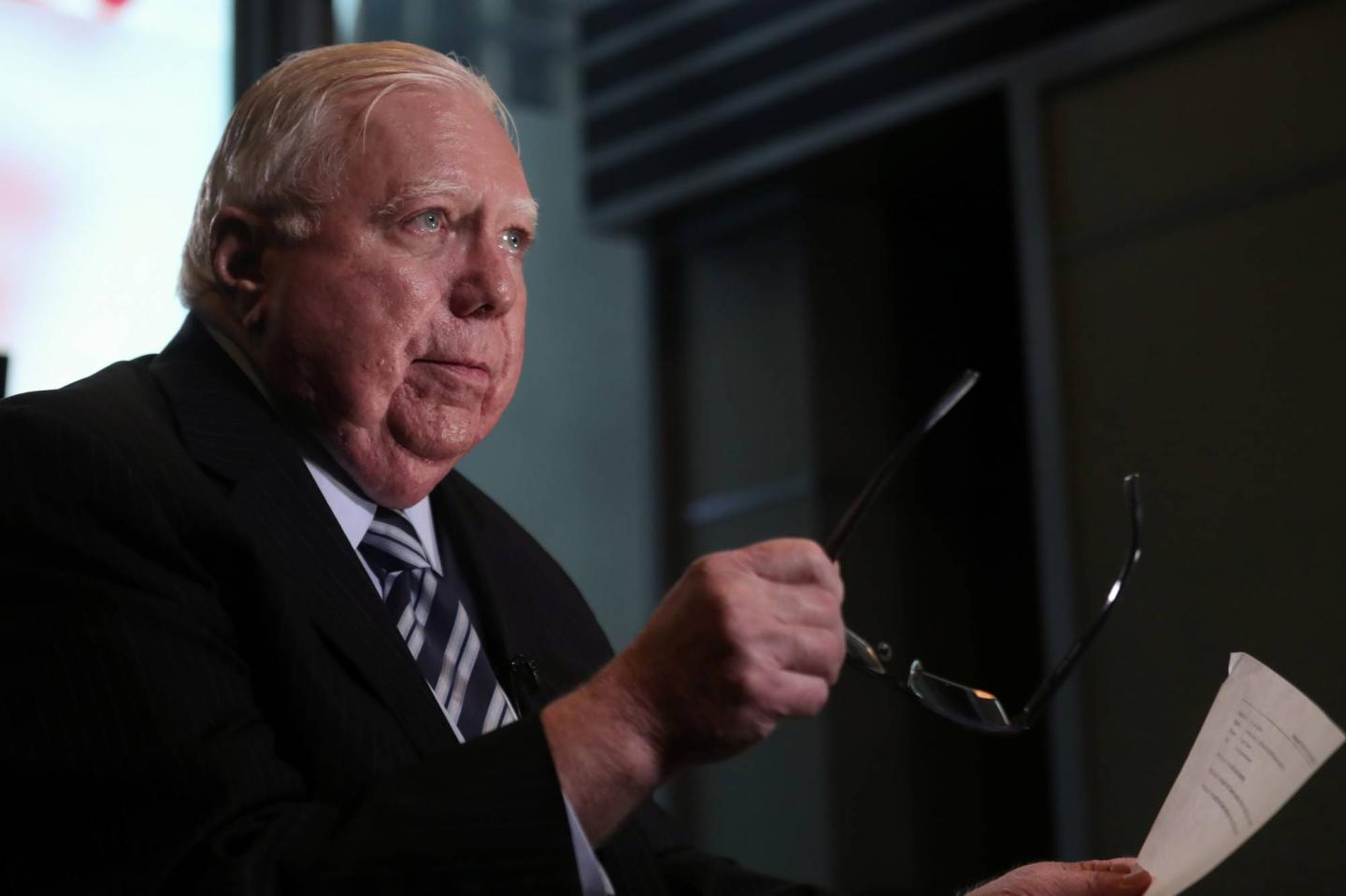 Jerome Corsi, right wing commentator, speaks during an interview in New York