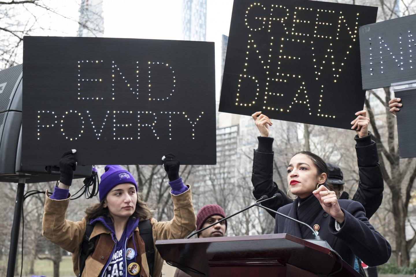 Rep. Alexandria Ocasio-Cortez addresses the crowd and kicks off the Women's March in New York City on Jan. 19, 2019.