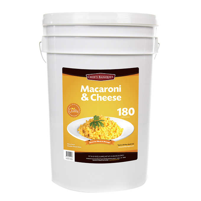 Costco's Chef’s Banquet Macaroni & Cheese Storage Bucket, a 27-pound bucket of macaroni and cheese with 20 years of shelf life.