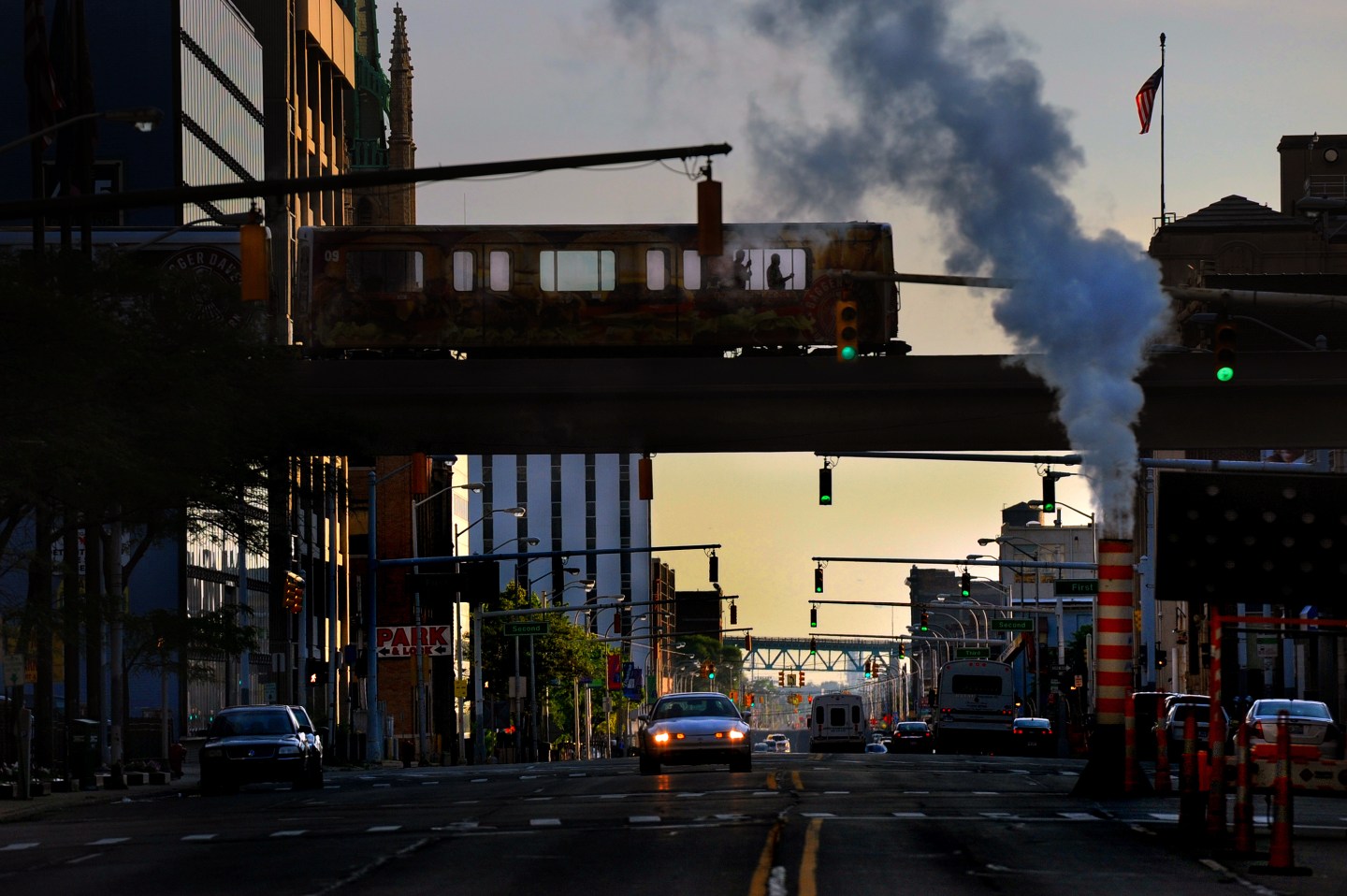A tram runs in downtown Detroit.