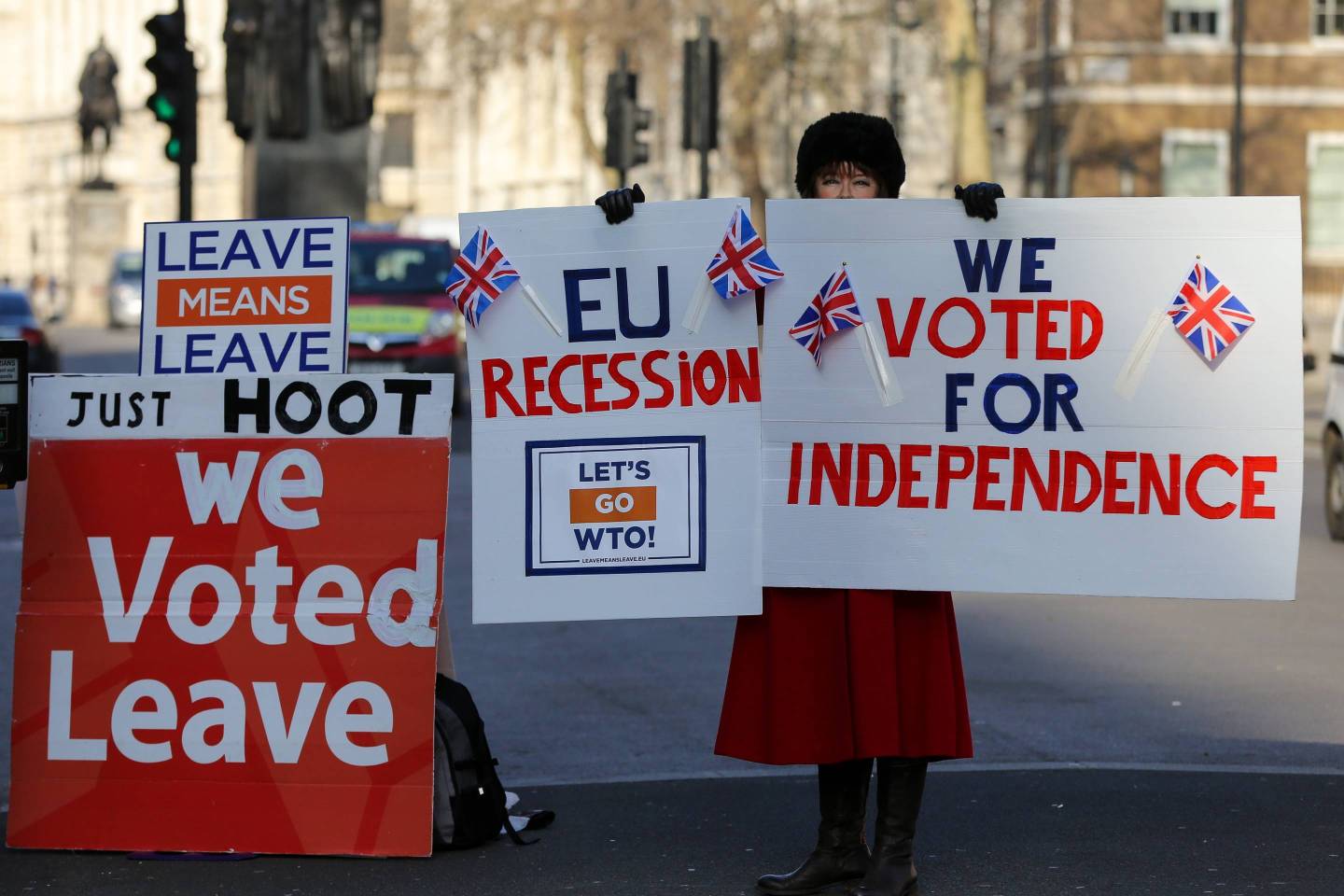 Pro-Brexit demonstrators are seen protesting outside Downing