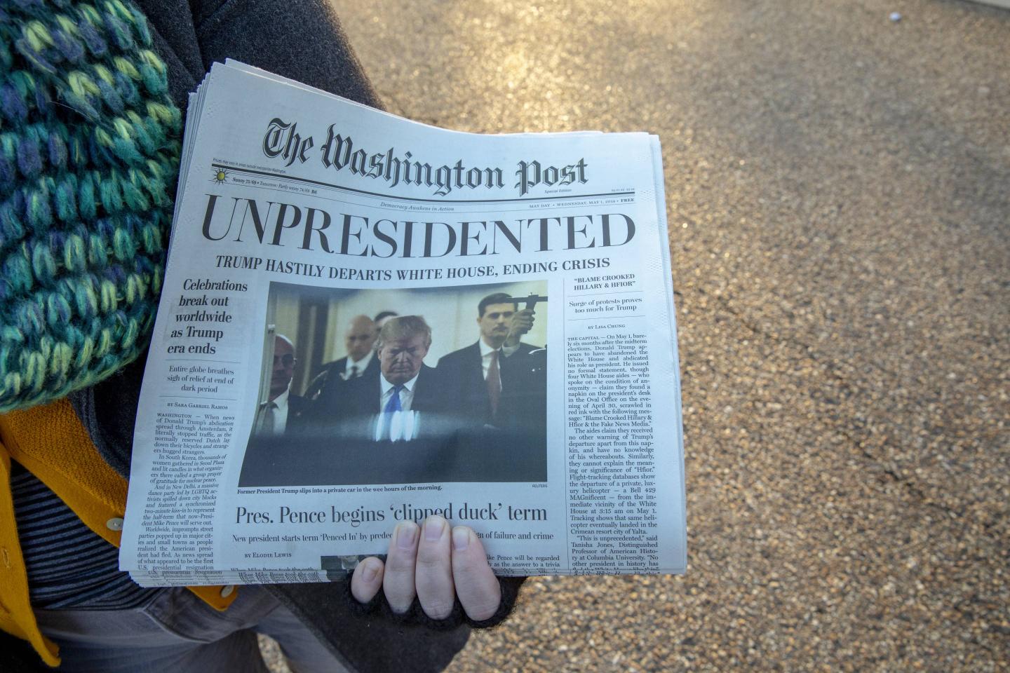 Activists Distribute "Bye-Bye 45" A Satire Edition Of The Washington Post