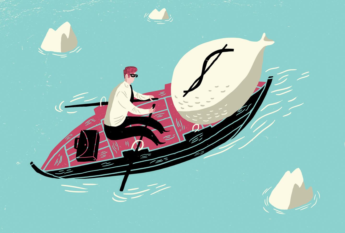 Businessman with large dollar money bag in rowing boat